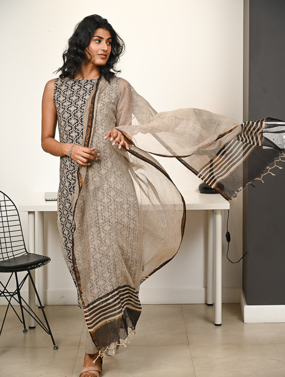 Work Chic. Hand Block Printed Bagru Kurta Set - Ornate Stripes (3 pc set)