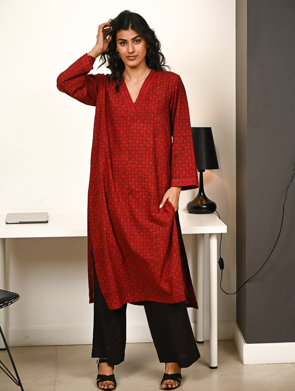 Work Chic. Exclusive Bagh Hand Block Printed Loose Fit Kurta Set - Red Motifs (2 pc set)