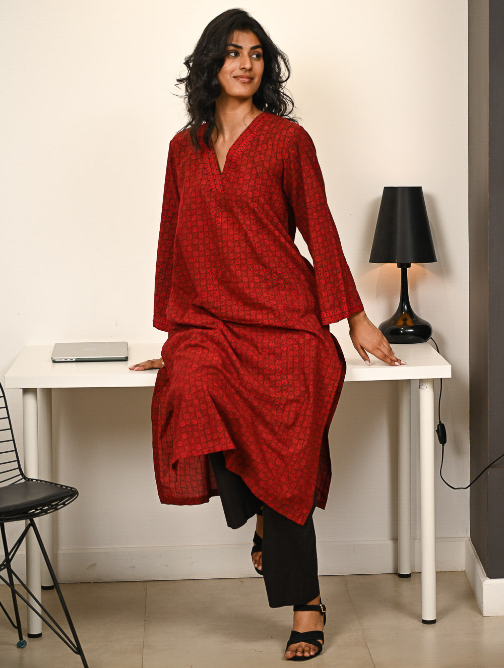 Work Chic. Exclusive Bagh Hand Block Printed Loose Fit Kurta Set - Red Motifs (2 pc set)