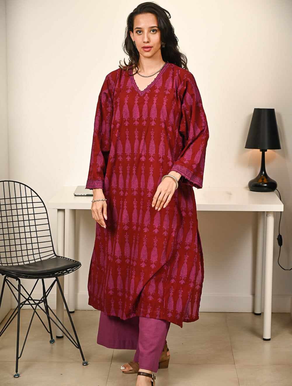 Work Chic. Exclusive Bagh Hand Block Printed Phiran Kurta Set - Maroon & Mauve Paisley (2 pc set)