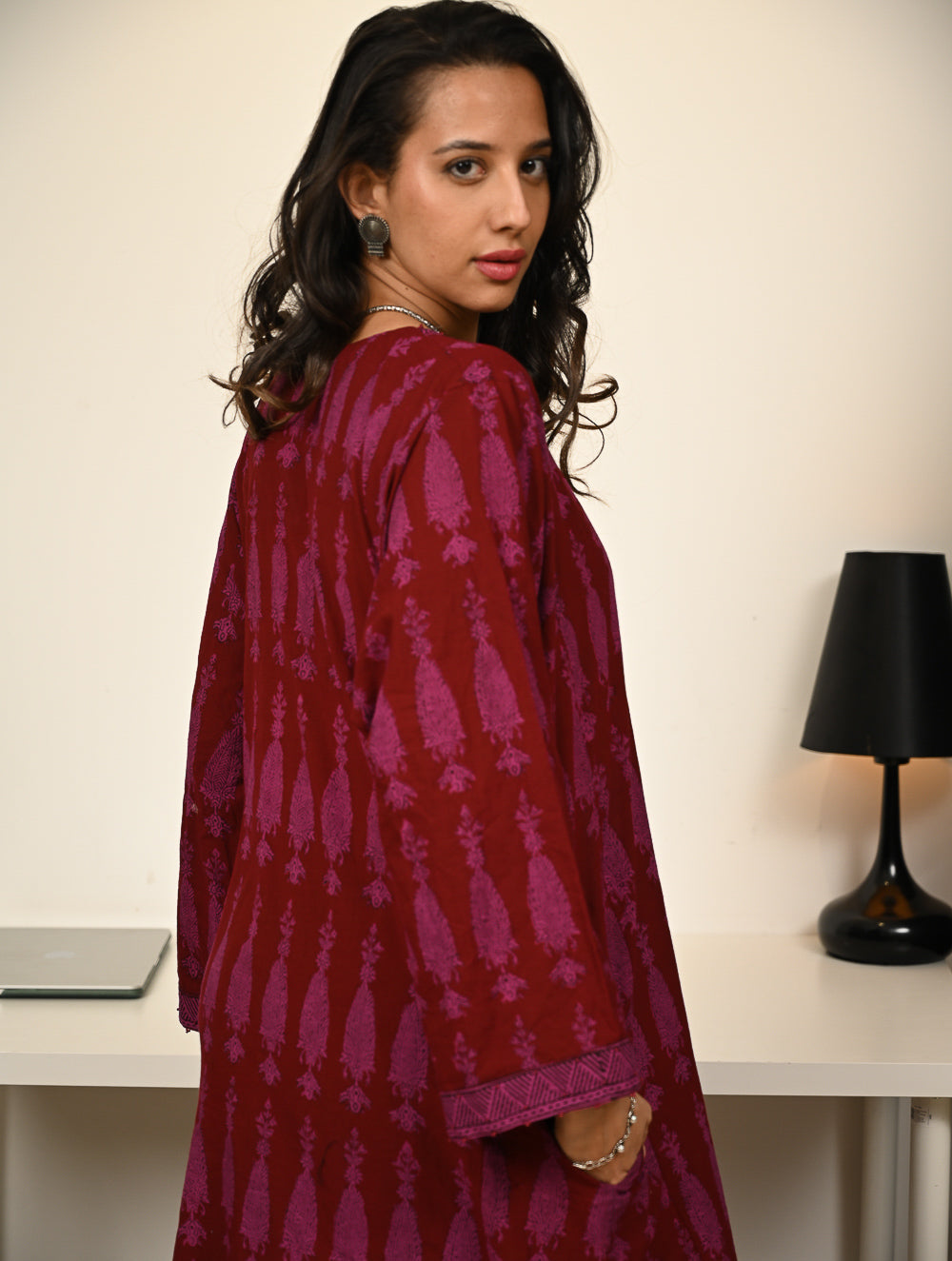 Work Chic. Exclusive Bagh Hand Block Printed Phiran Kurta Set - Maroon & Mauve Paisley (2 pc set)