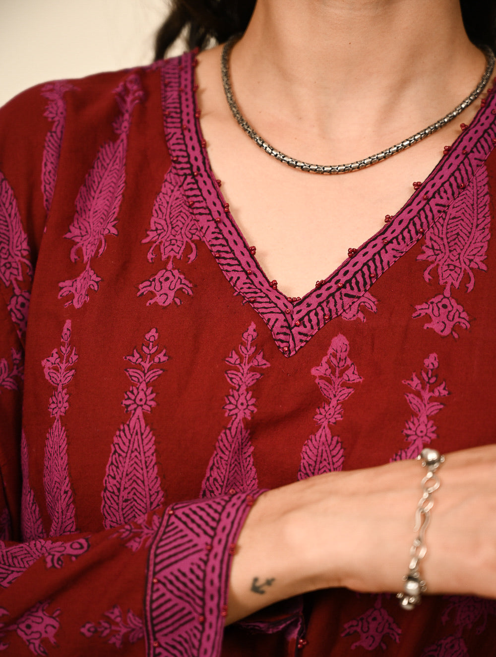 Work Chic. Exclusive Bagh Hand Block Printed Phiran Kurta Set - Maroon & Mauve Paisley (2 pc set)