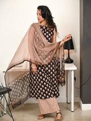 Work Chic. Hand Block Printed Bagru Kurta Set - Floral Red (3 pc set)