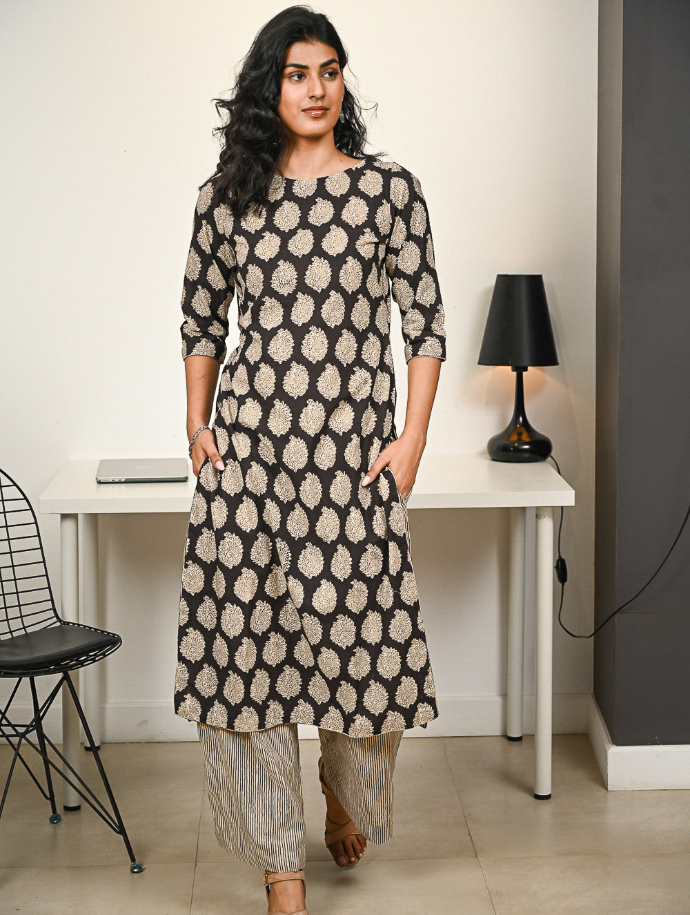 Work Chic. Hand Block Printed Bagru Kurta Set - Black Paisley (2 pc set)
