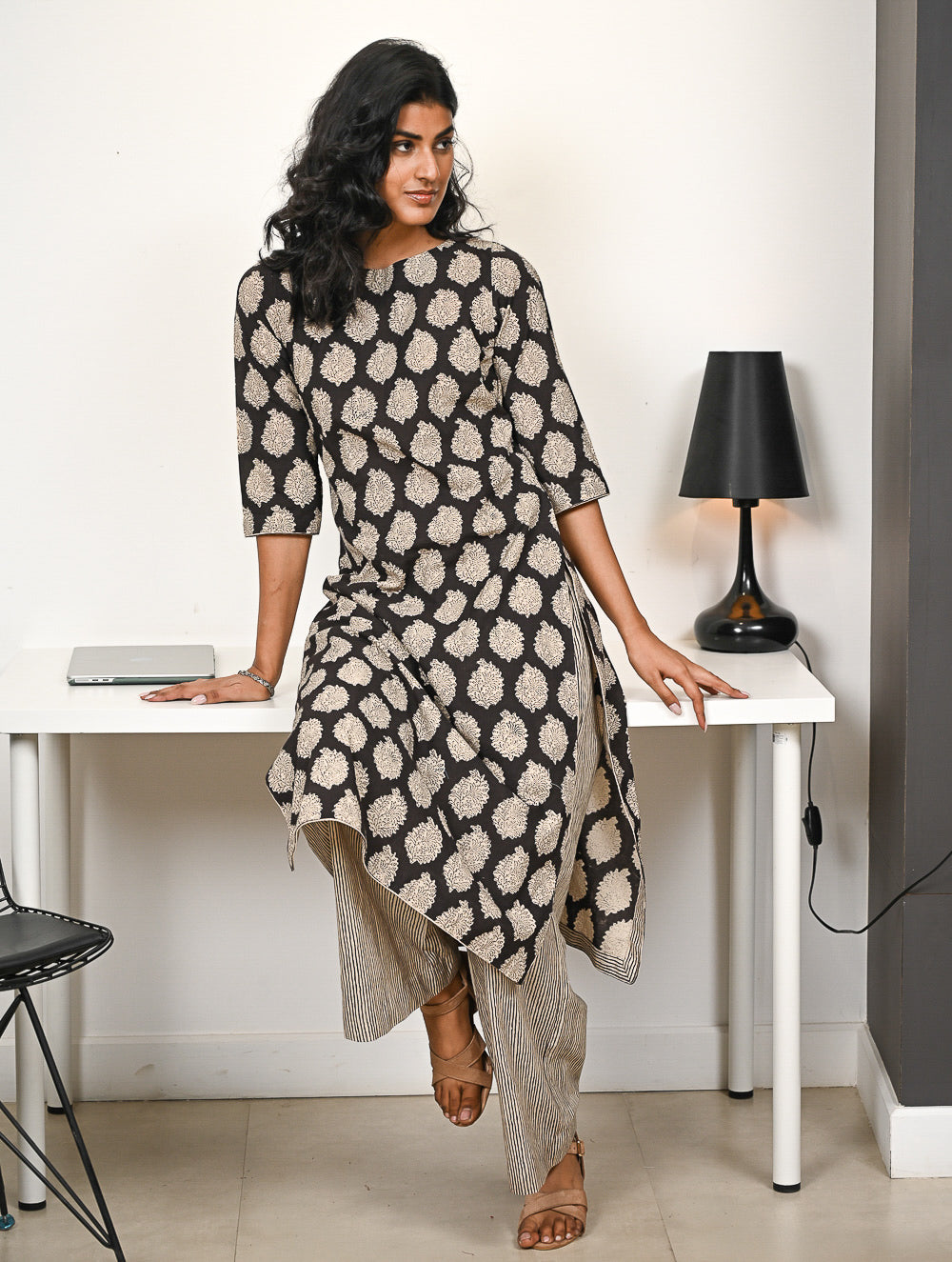 Work Chic. Hand Block Printed Bagru Kurta Set - Black Paisley (2 pc set)