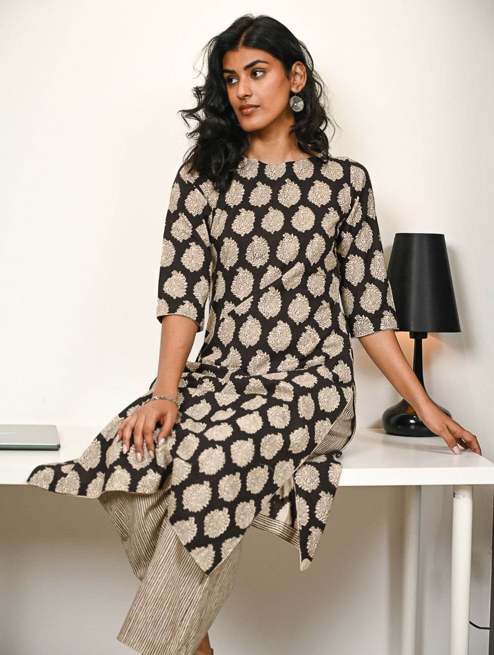 Work Chic. Hand Block Printed Bagru Kurta Set - Black Paisley (2 pc set)