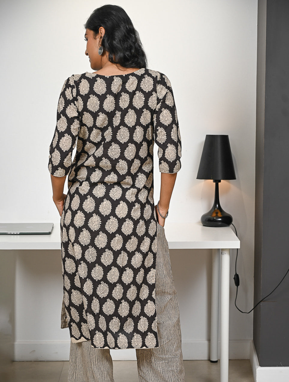 Work Chic. Hand Block Printed Bagru Kurta Set - Black Paisley (2 pc set)