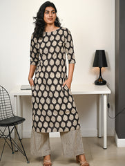 Work Chic. Hand Block Printed Bagru Kurta Set - Black Paisley (2 pc set)