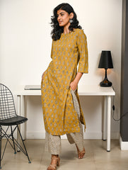 Work Chic. Hand Block Printed Bagru Kurta Set - Mustard Florets (2 pc set)