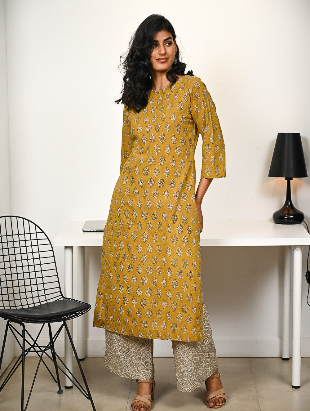 Work Chic. Hand Block Printed Bagru Kurta Set - Mustard Florets (2 pc set)