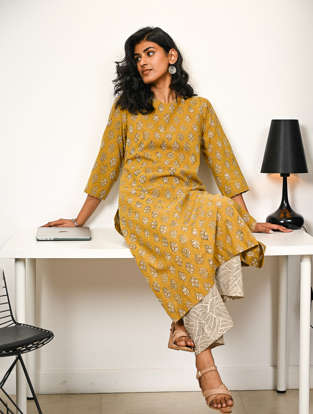 Work Chic. Hand Block Printed Bagru Kurta Set - Mustard Florets (2 pc set)
