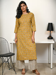 Work Chic. Hand Block Printed Bagru Kurta Set - Mustard Florets (2 pc set)