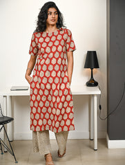 Work Chic. Hand Block Printed Bagru Kurta Set - Red Paisley (2 pc set)