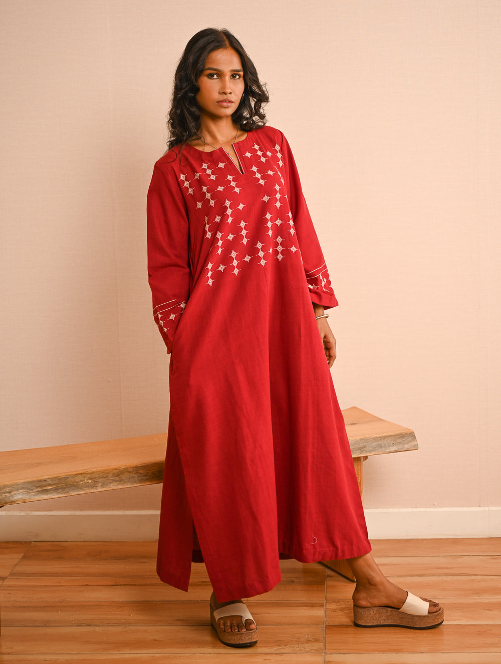Cool Casuals. Handwoven Kashida Pattu Kaftan Dress - Wine Tales