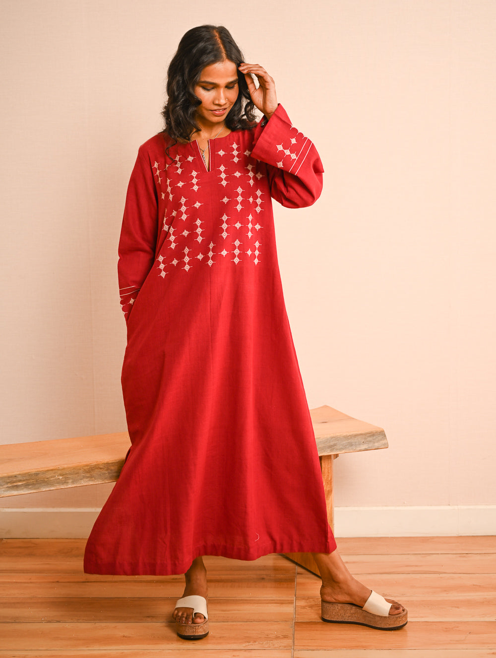 Cool Casuals. Handwoven Kashida Pattu Kaftan Dress - Wine Tales