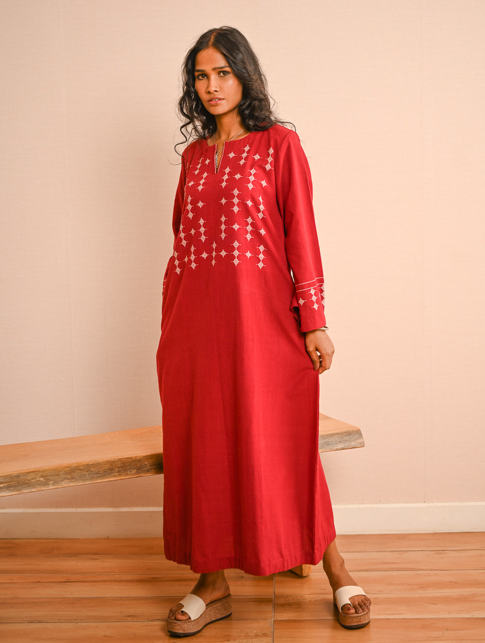 Cool Casuals. Handwoven Kashida Pattu Kaftan Dress - Wine Tales