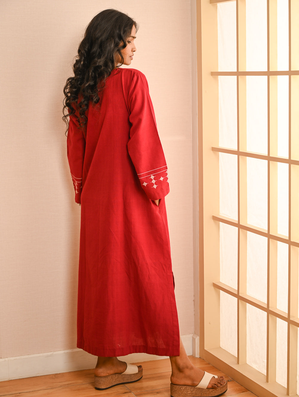 Cool Casuals. Handwoven Kashida Pattu Kaftan Dress - Wine Tales
