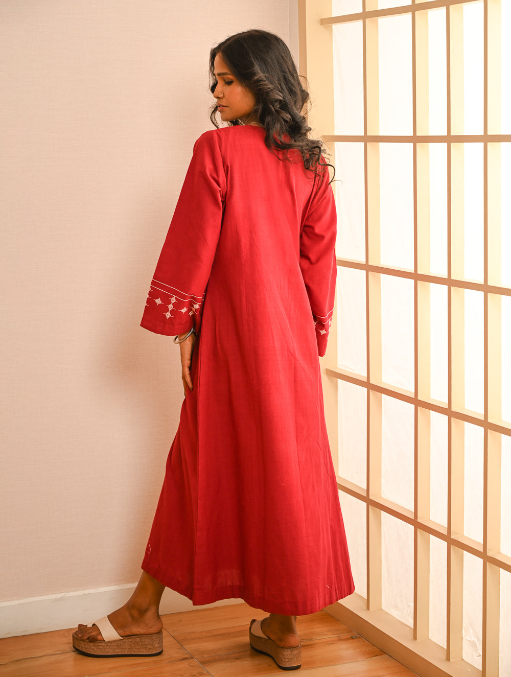 Cool Casuals. Handwoven Kashida Pattu Kaftan Dress - Wine Tales