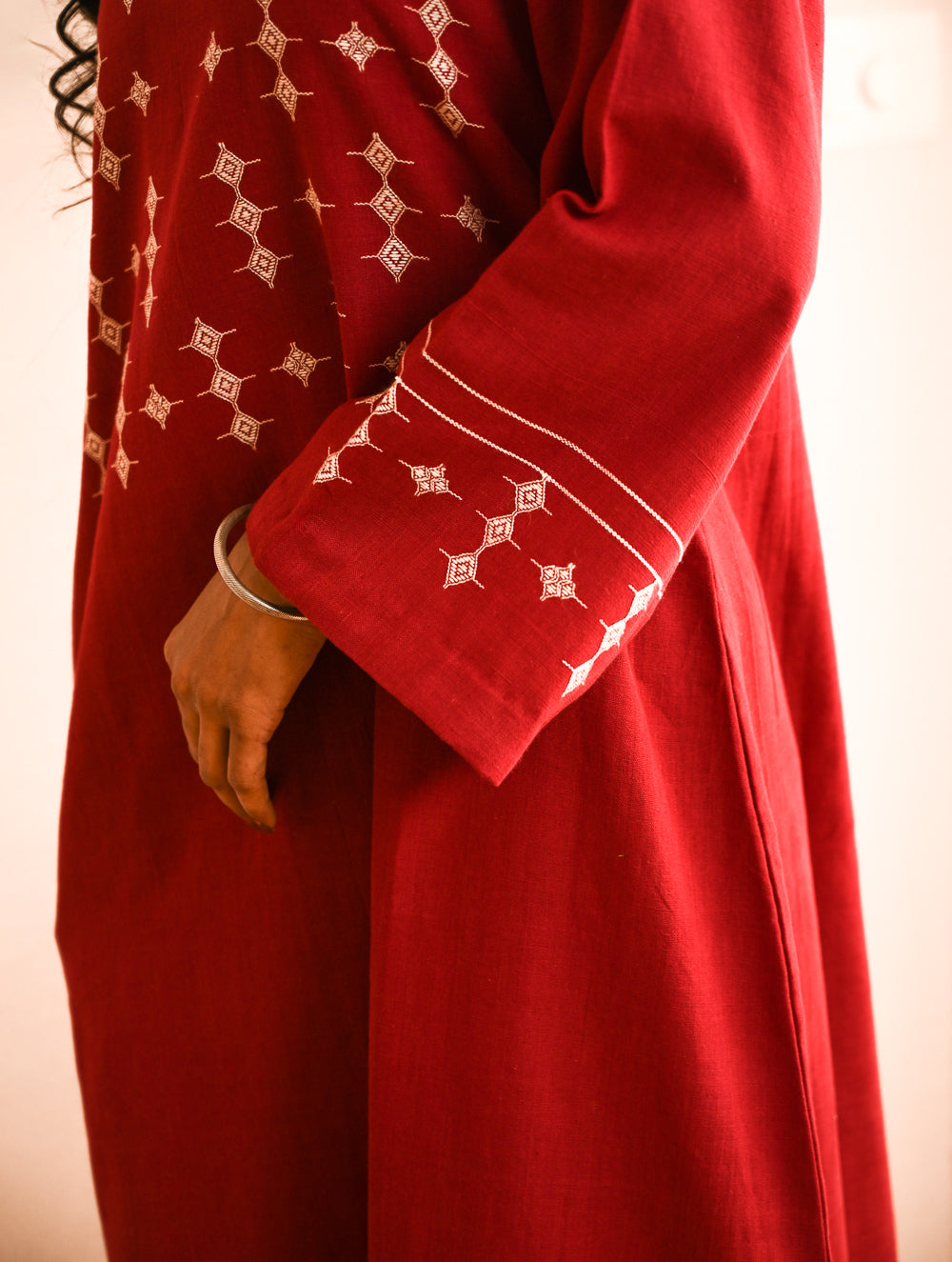 Cool Casuals. Handwoven Kashida Pattu Kaftan Dress - Wine Tales
