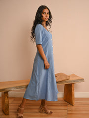 Work Chic. Handwoven Kala Cotton Buttoned Dress - Blue Skies