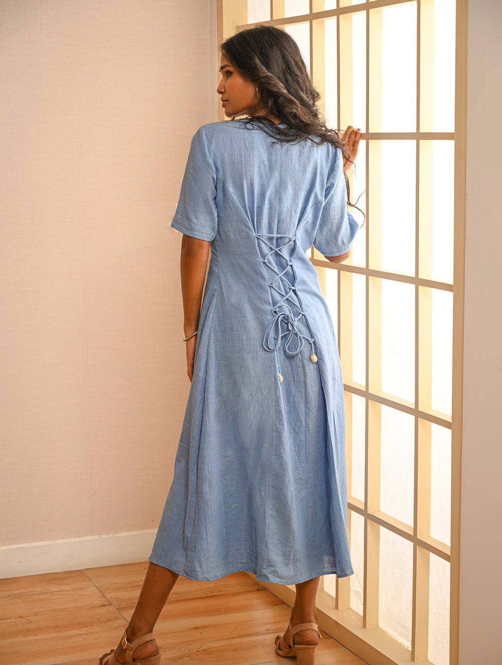 Work Chic. Handwoven Kala Cotton Buttoned Dress - Blue Skies