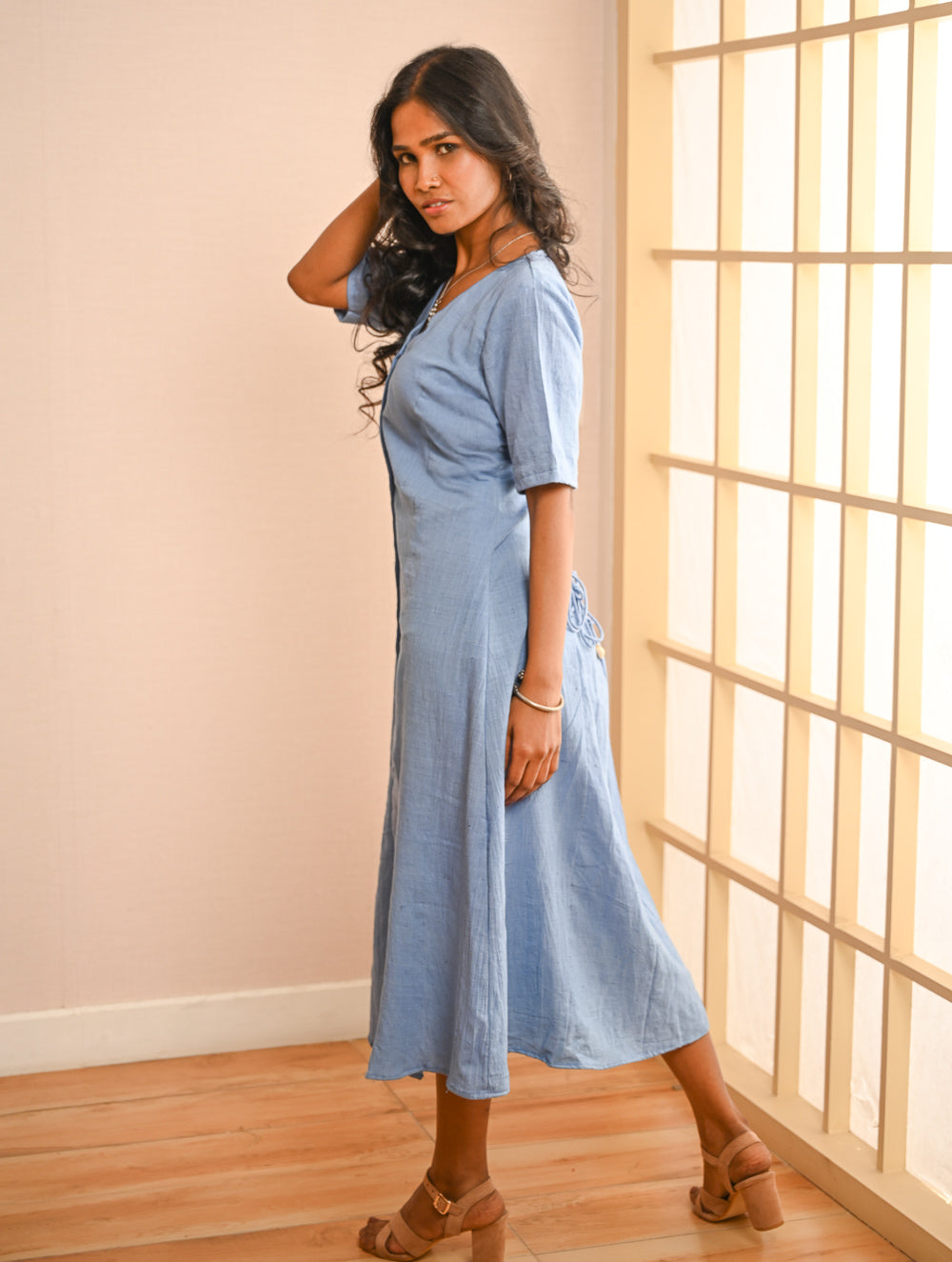Work Chic. Handwoven Kala Cotton Buttoned Dress - Blue Skies