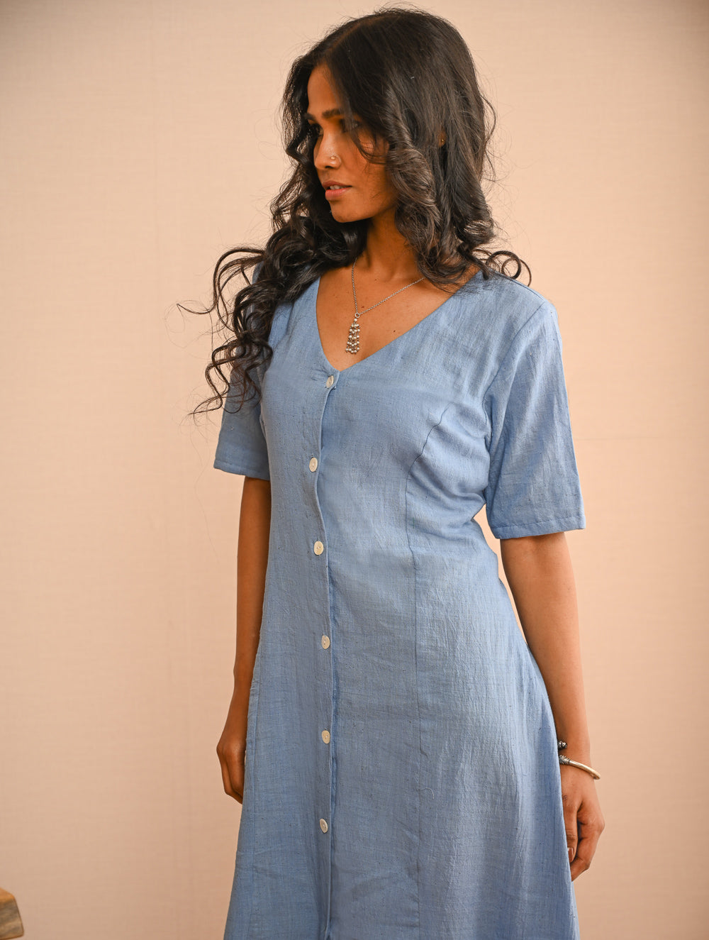 Work Chic. Handwoven Kala Cotton Buttoned Dress - Blue Skies