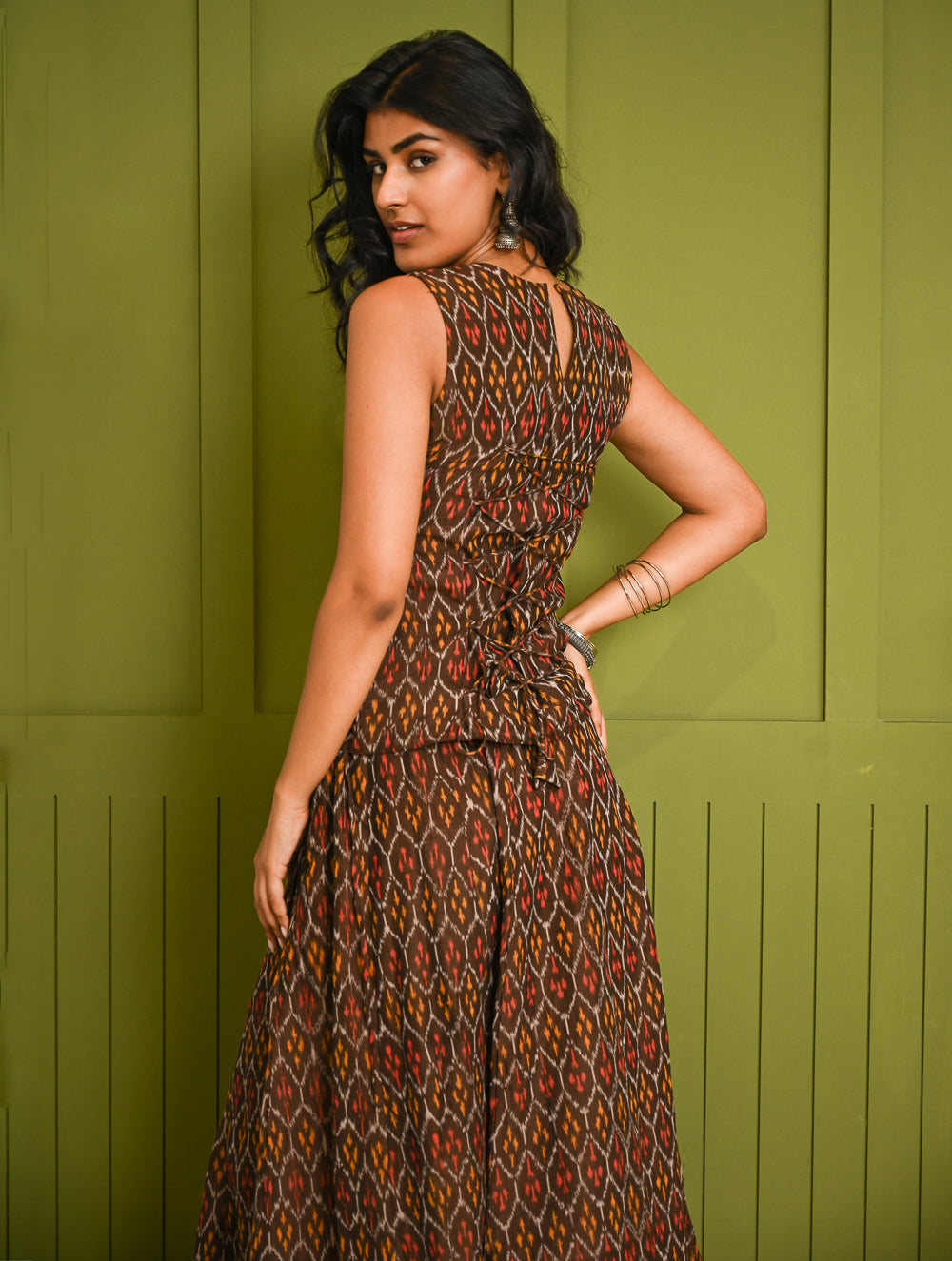Ethnic Summers. Handwoven Ikat Flared Skirt Set - Brown Aztec (Set of 2)