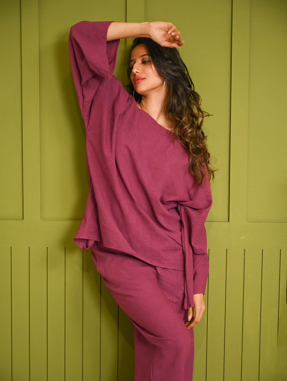 Cool Casuals. Hand Woven Kala Cotton Loose Fit Pants Set  - Plum Vibes (Set of 2)