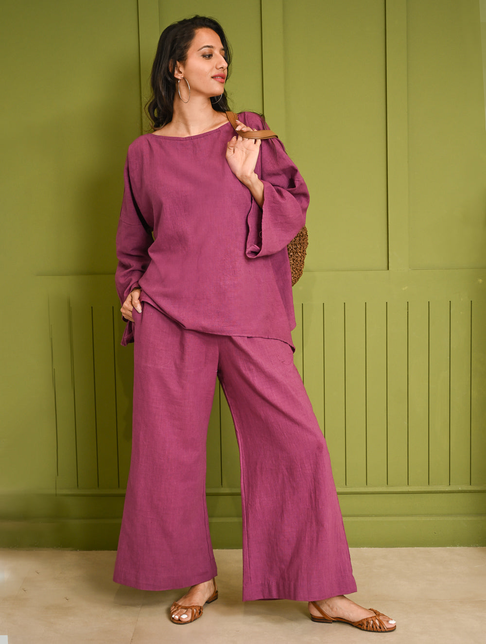 Cool Casuals. Hand Woven Kala Cotton Loose Fit Pants Set  - Plum Vibes (Set of 2)