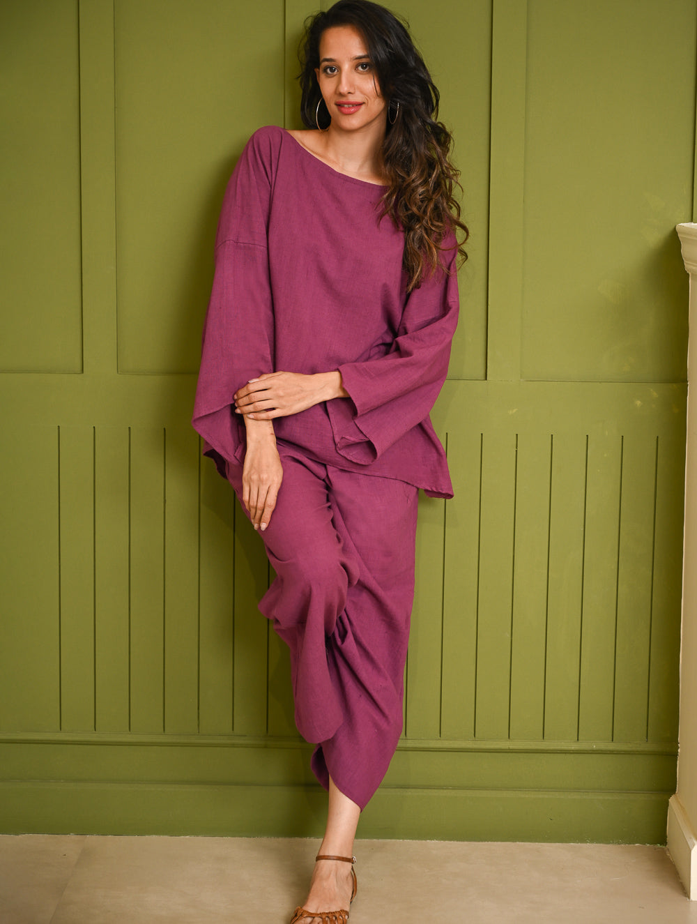 Cool Casuals. Hand Woven Kala Cotton Loose Fit Pants Set  - Plum Vibes (Set of 2)