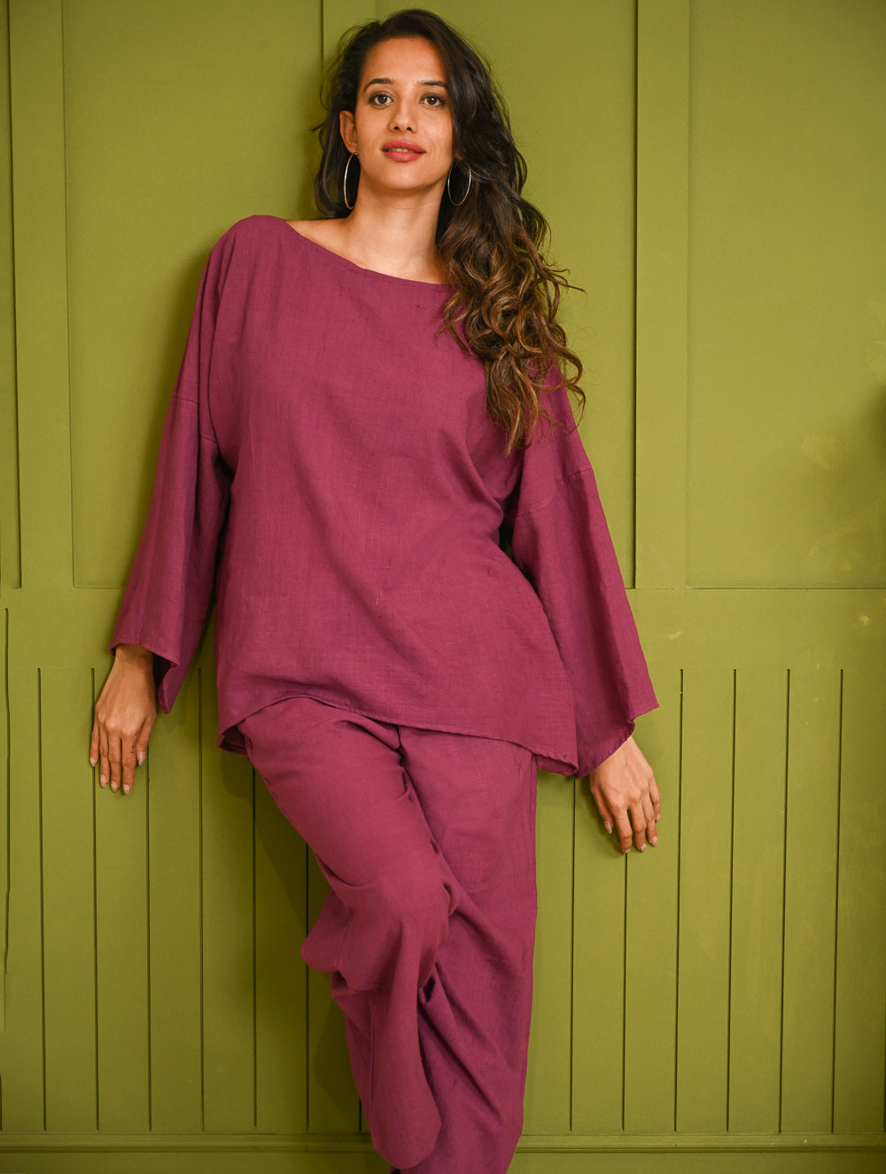 Cool Casuals. Hand Woven Kala Cotton Loose Fit Pants Set  - Plum Vibes (Set of 2)