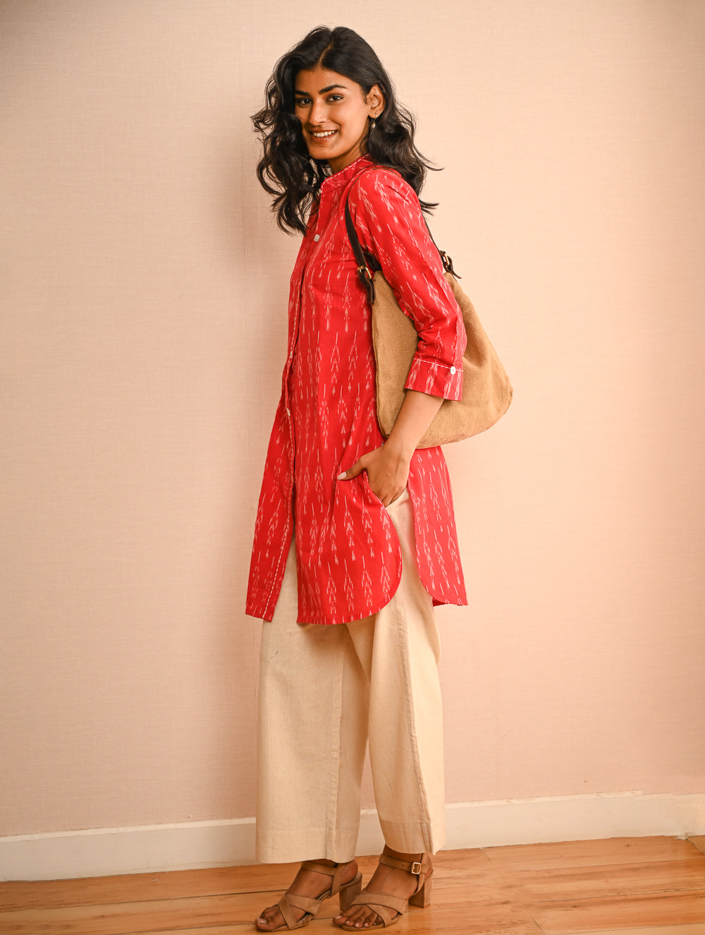 Work Chic. Handwoven Ikat Shirt & Kala Cotton Palazzo Set - Fire & Ice (Set of 2)