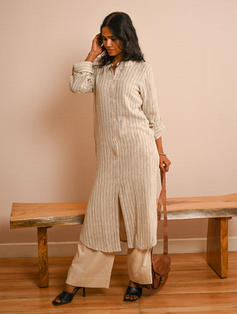 Work Chic. Handwoven Kala Cotton Long Shirt & Pants Set - Cream Lines (Set of 2)