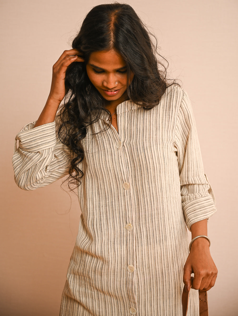 Work Chic. Handwoven Kala Cotton Long Shirt & Pants Set - Cream Lines (Set of 2)
