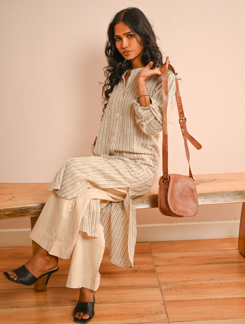 Work Chic. Handwoven Kala Cotton Long Shirt & Pants Set - Cream Lines (Set of 2)