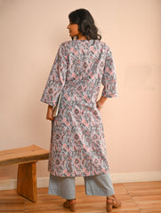Work Chic. Sanganer Block Printed Loose Fit Cotton Kurta Set - Grey Flora (Set of 2)