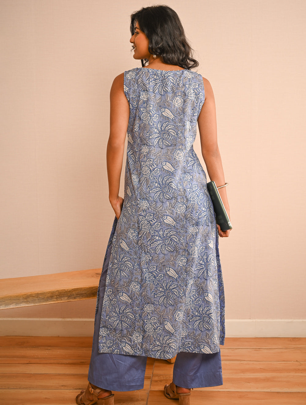 Work Chic. Sanganer Block Printed Straight Fit Cotton Kurta Set - Lavender Flora (Set of 2)