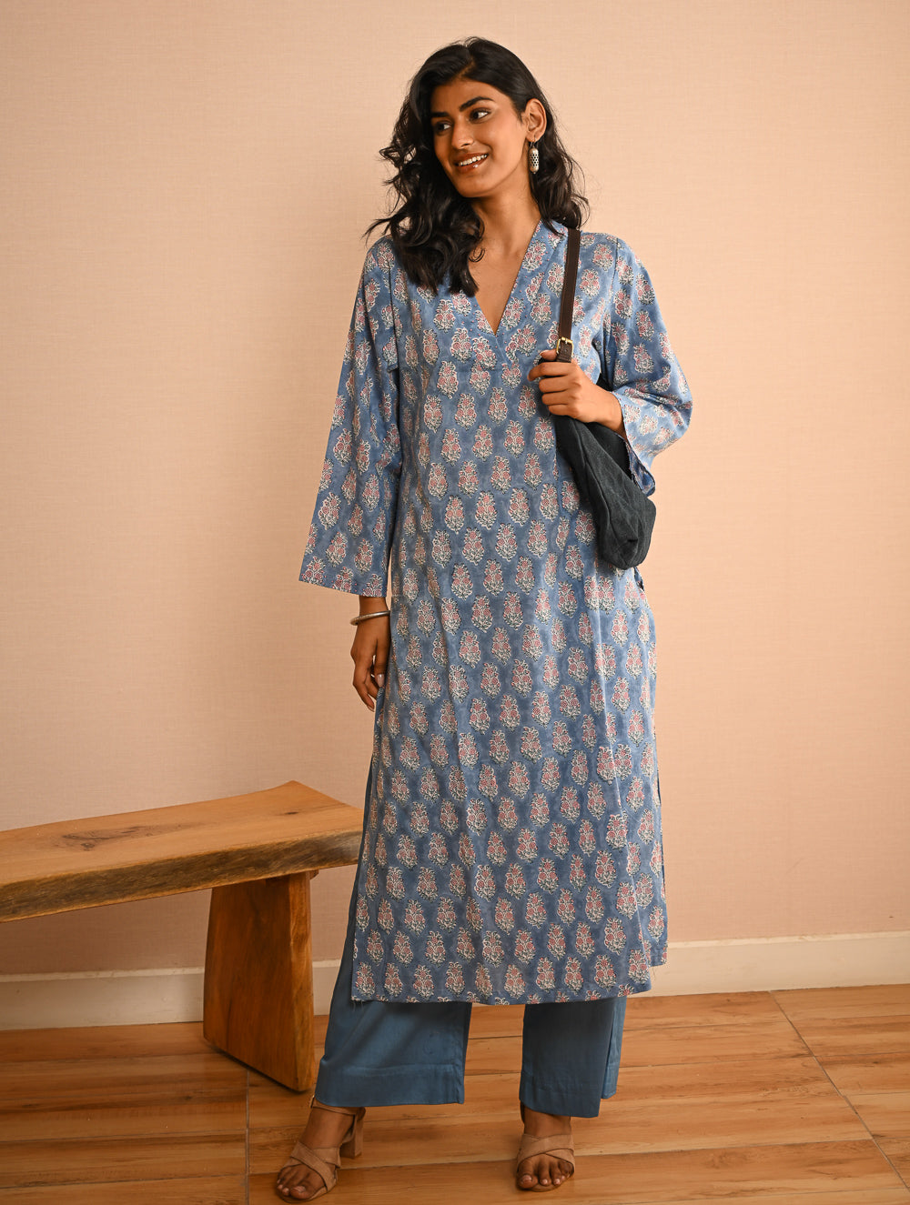 Work Chic. Sanganer Block Printed Loose Fit Cotton Kurta Set - Blue Ornate (Set of 2)