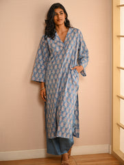 Work Chic. Sanganer Block Printed Loose Fit Cotton Kurta Set - Blue Ornate (Set of 2)