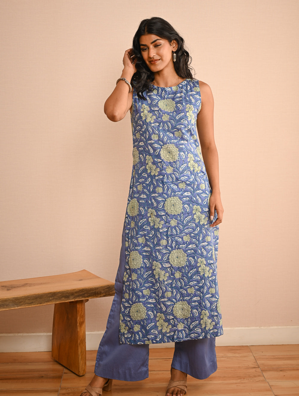 Work Chic. Sanganer Block Printed Straight Fit Cotton Kurta Set - Mint & Blue Flora (Set of 2)