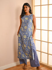 Work Chic. Sanganer Block Printed Straight Fit Cotton Kurta Set - Mint & Blue Flora (Set of 2)