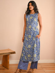 Work Chic. Sanganer Block Printed Straight Fit Cotton Kurta Set - Mint & Blue Flora (Set of 2)