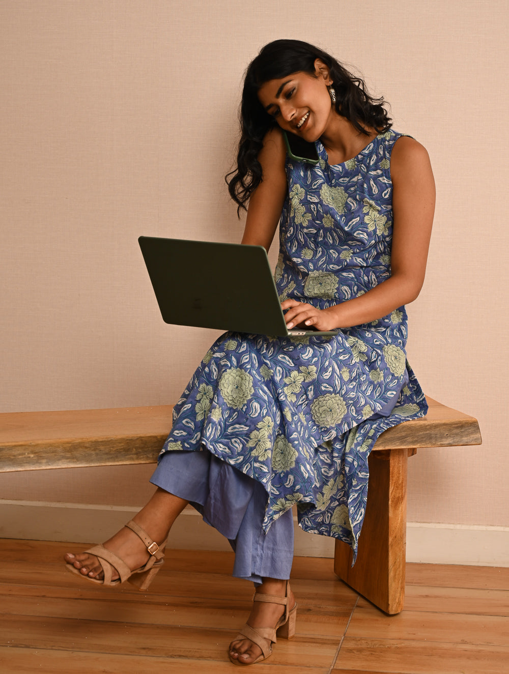 Work Chic. Sanganer Block Printed Straight Fit Cotton Kurta Set - Mint & Blue Flora (Set of 2)
