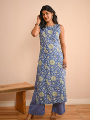 Work Chic. Sanganer Block Printed Straight Fit Cotton Kurta Set - Mint & Blue Flora (Set of 2)