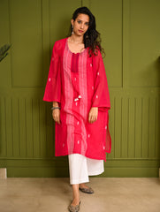 Ethnic Summers. Bengal Handwoven Jamdani Light & Soft Mul Cotton Loose Fit Kurta - Vibrant Pink 