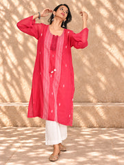 Ethnic Summers. Bengal Handwoven Jamdani Light & Soft Mul Cotton Loose Fit Kurta - Vibrant Pink