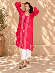 Ethnic Summers. Bengal Handwoven Jamdani Light & Soft Mul Cotton Loose Fit Kurta - Vibrant Pink