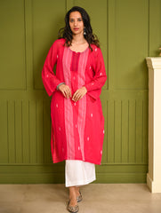 Ethnic Summers. Bengal Handwoven Jamdani Light & Soft Mul Cotton Loose Fit Kurta - Vibrant Pink 
