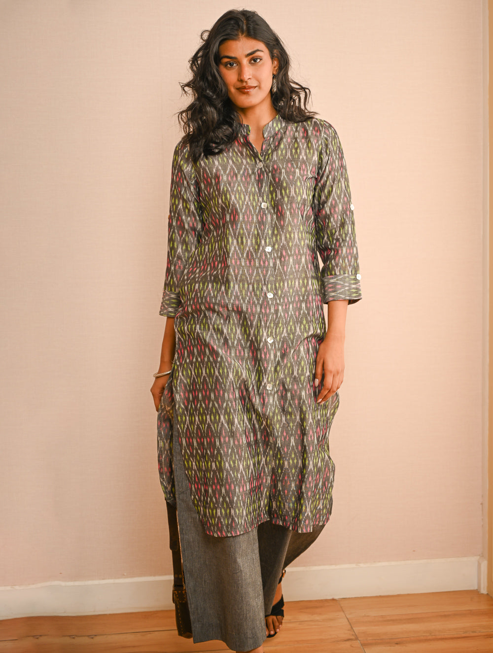Work Chic. Handwoven Ikat Shirt & Palazzo Set - Grey Aztec (Set of 2)